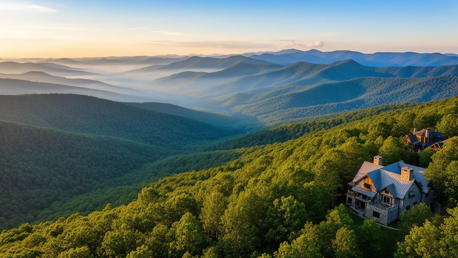 Sunlit Blue Ridge and Smoky Mountains over a Western North Carolina town at golden hour