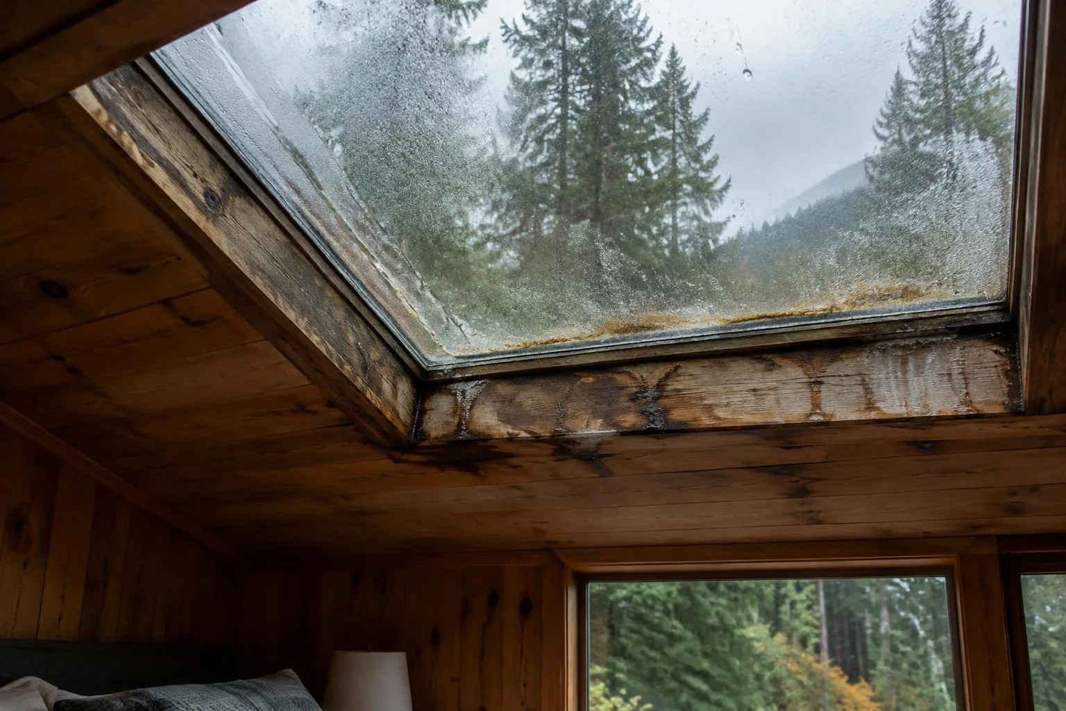 Old skylight with a fogged, failed seal and water-stained wood framing, seen from inside
